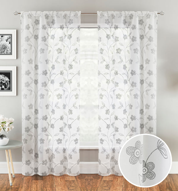 Pair of Sienna Grey Floral Paste Print Patterned Voile Panels with Rod Pocket Header