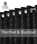 Triple Woven Blackout Velvet Ring Top Curtains with Cascading Diamante Studs Black