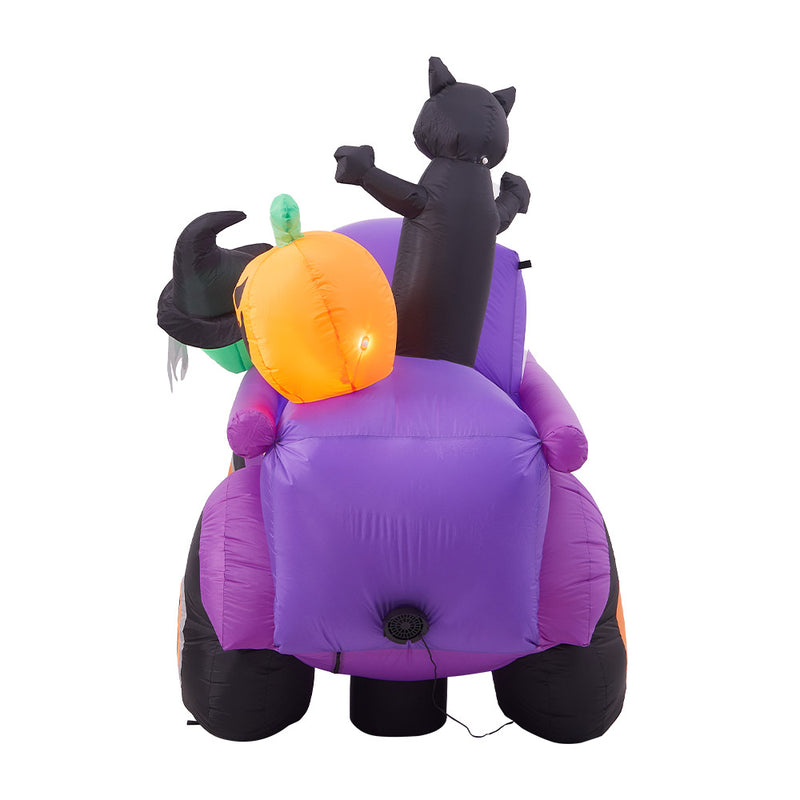 5ft Halloween Witch Driving a Car with Horror Frankenstein, Black Cat and Jack-o'-lantern Inflatable with Build-In LED