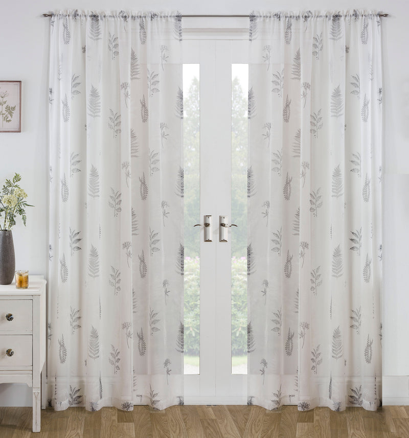 Bracken Grey Leaf Print Linen-Look Voile Panel - Pair