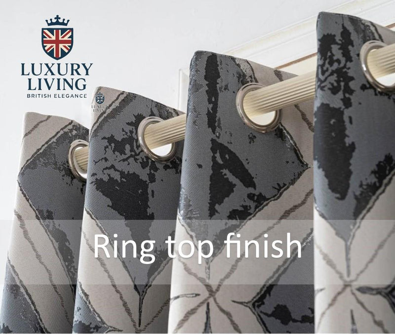 Luxury Diamond Jacquard Fully Lined Ring Top Curtains with Metallic Thread Charcoal/Silver