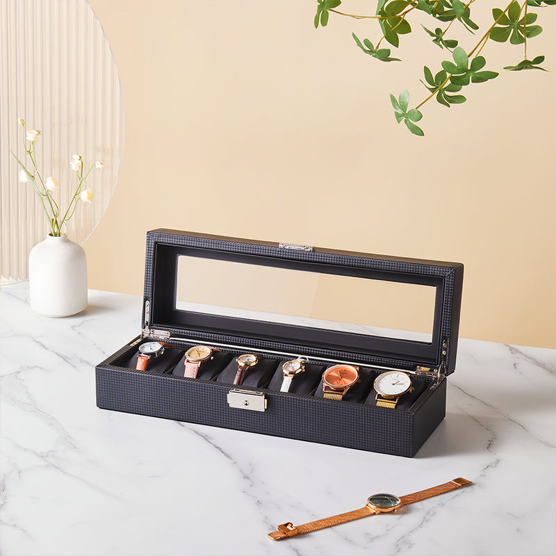 Sheonly Elegant Faux Leather Watch Display Case with 6 Slots