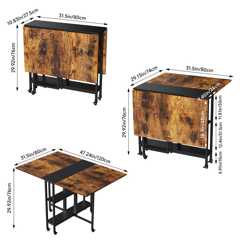 Livingandhome Folding Dining Table with Wheels and Storage Shelves