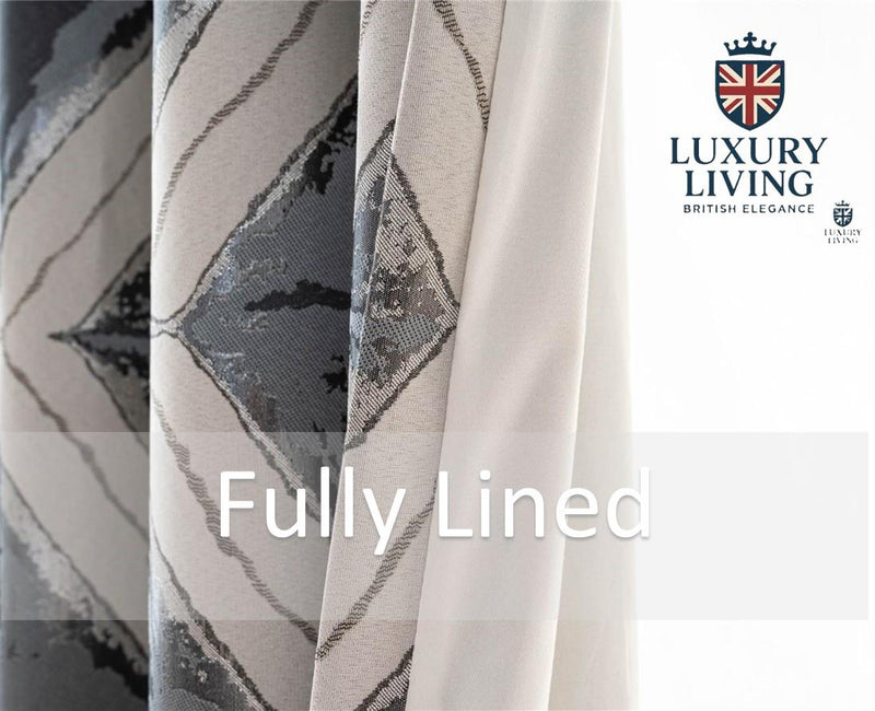 Luxury Diamond Jacquard Fully Lined Ring Top Curtains with Metallic Thread Charcoal/Silver