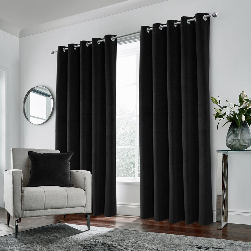 Luxury Enhanced Living Black Velvet, Supersoft, 100% out, Thermal Pair of Curtains with Eyelet Top