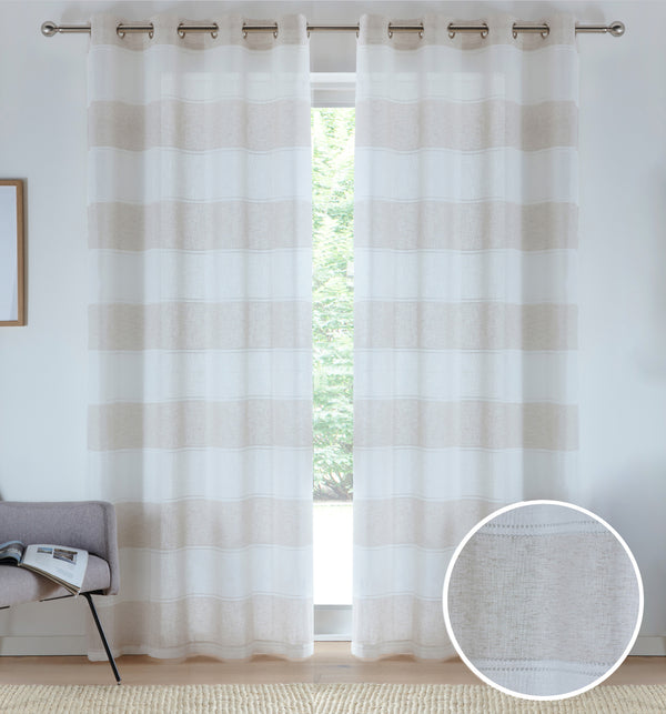 Pair of Santorini Natural Cream/Beige Linen Look Stripe Panels with Eyelet Header