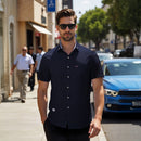 Solid Short Sleeve Shirt With Turn-Down Collar - Navy