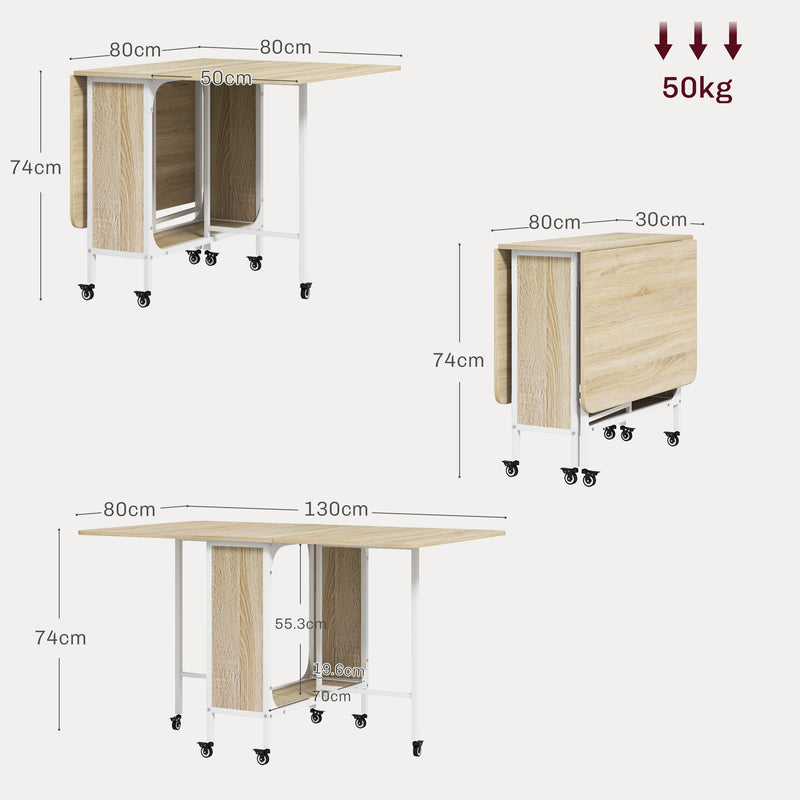 HOMCOM Natural Mobile Drop Leaf Dining Table on Wheels with Storage Shelf