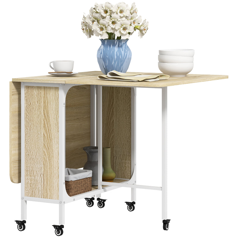HOMCOM Natural Mobile Drop Leaf Dining Table on Wheels with Storage Shelf