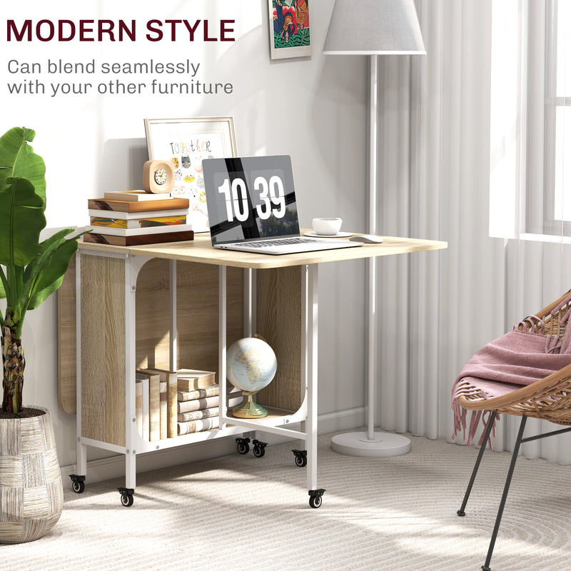 HOMCOM Natural Mobile Drop Leaf Dining Table on Wheels with Storage Shelf