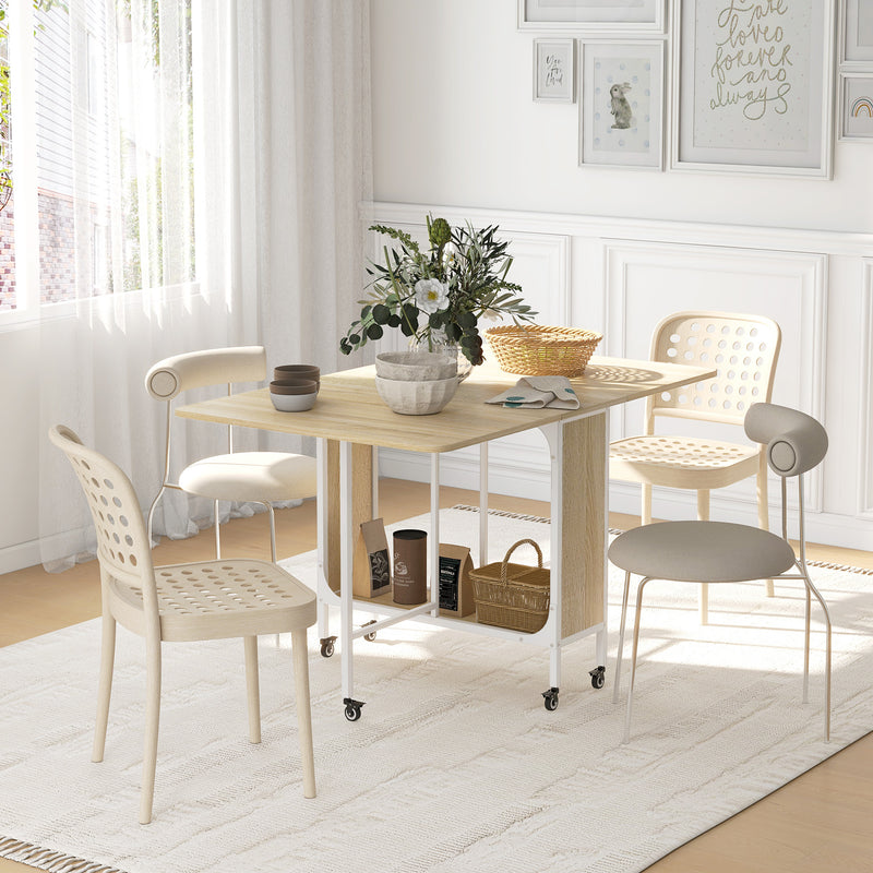 HOMCOM Natural Mobile Drop Leaf Dining Table on Wheels with Storage Shelf