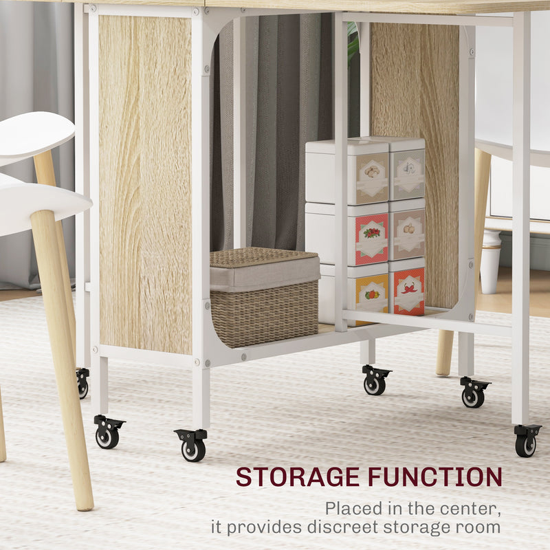 HOMCOM Natural Mobile Drop Leaf Dining Table on Wheels with Storage Shelf