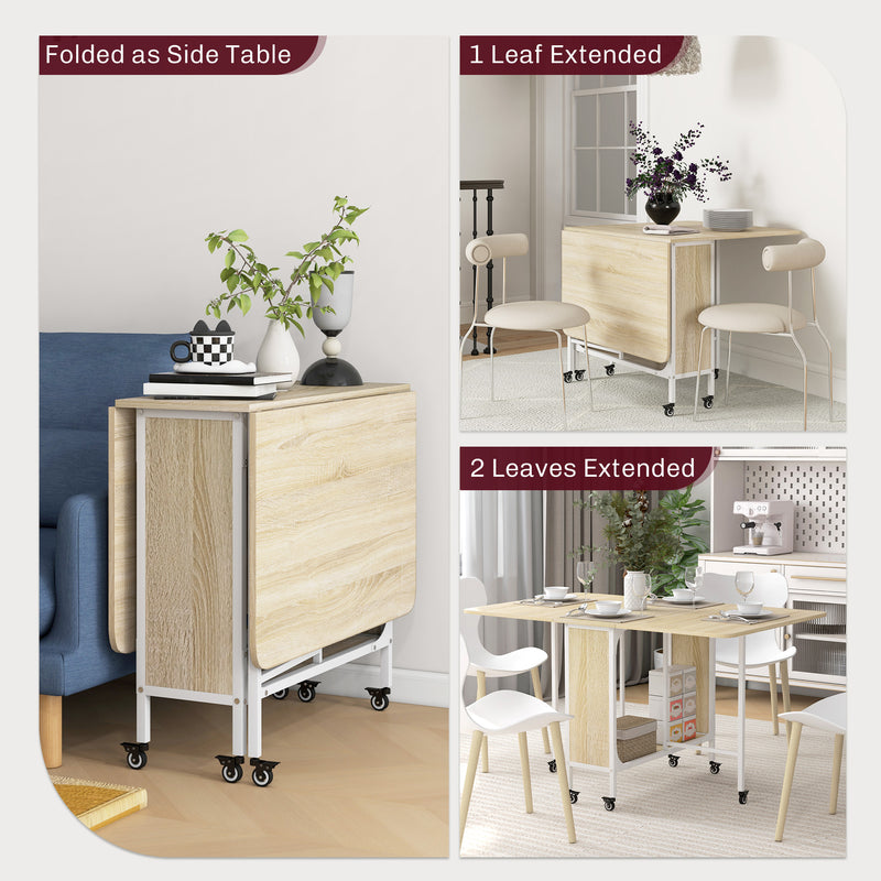 HOMCOM Natural Mobile Drop Leaf Dining Table on Wheels with Storage Shelf