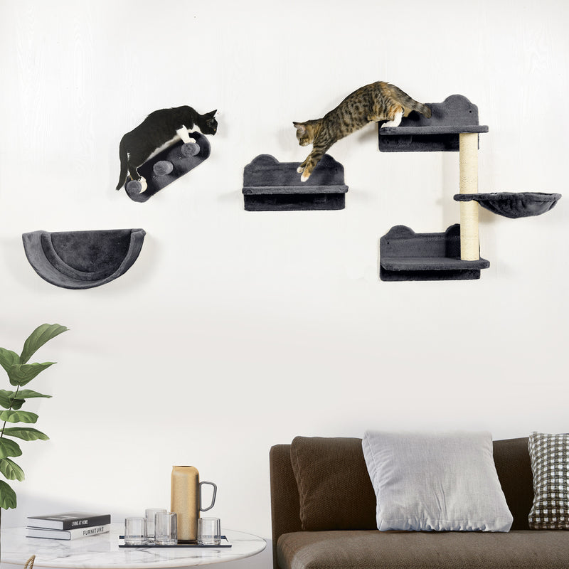 PawHut 4PCs Wall Mounted Cat Tree Cat Wall Shelves W/ Scratching Post - Dark Grey/Brown