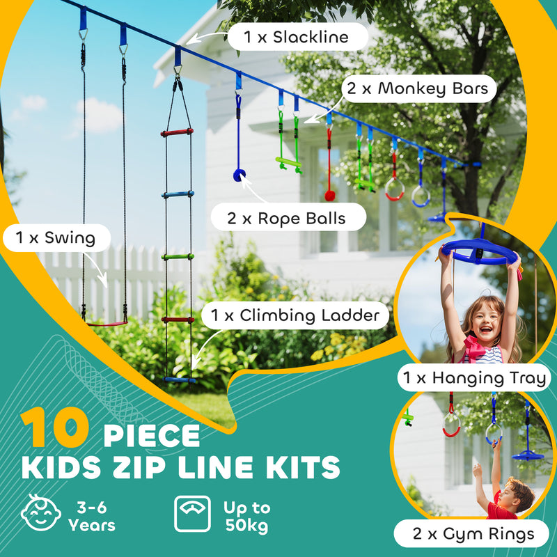 AIYAPLAY 10 Piece Zip Line Kit for Kids, for Outdoor Garden, Multicolour