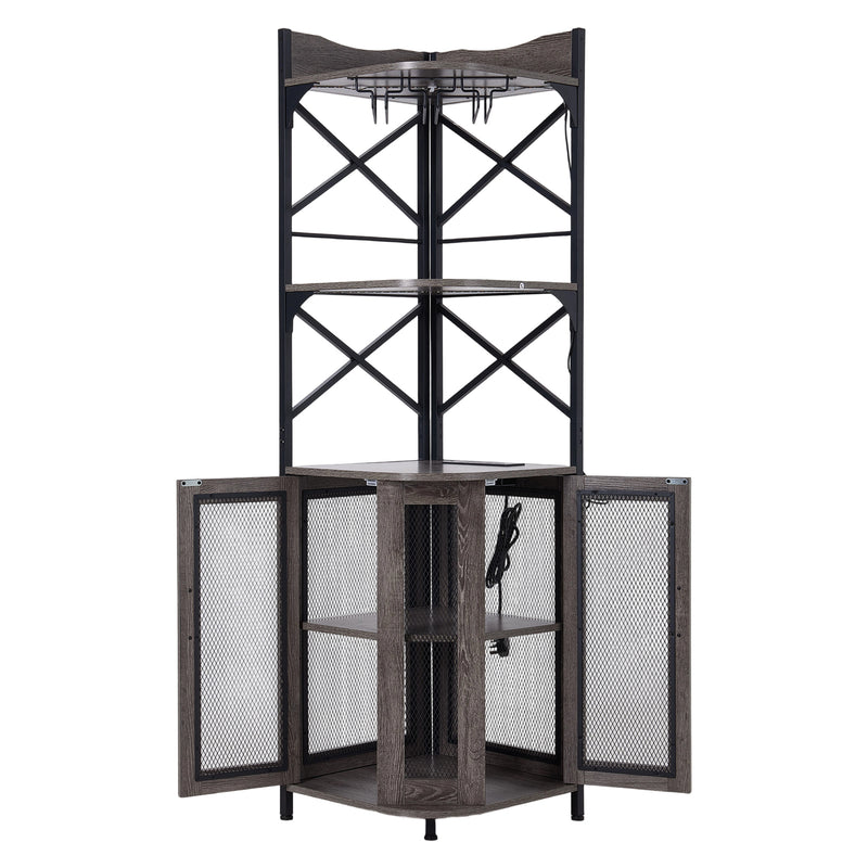 Livingandhome 5-Tier Corner Bar Cabinet with Built-in Power Outlet and LED Lights