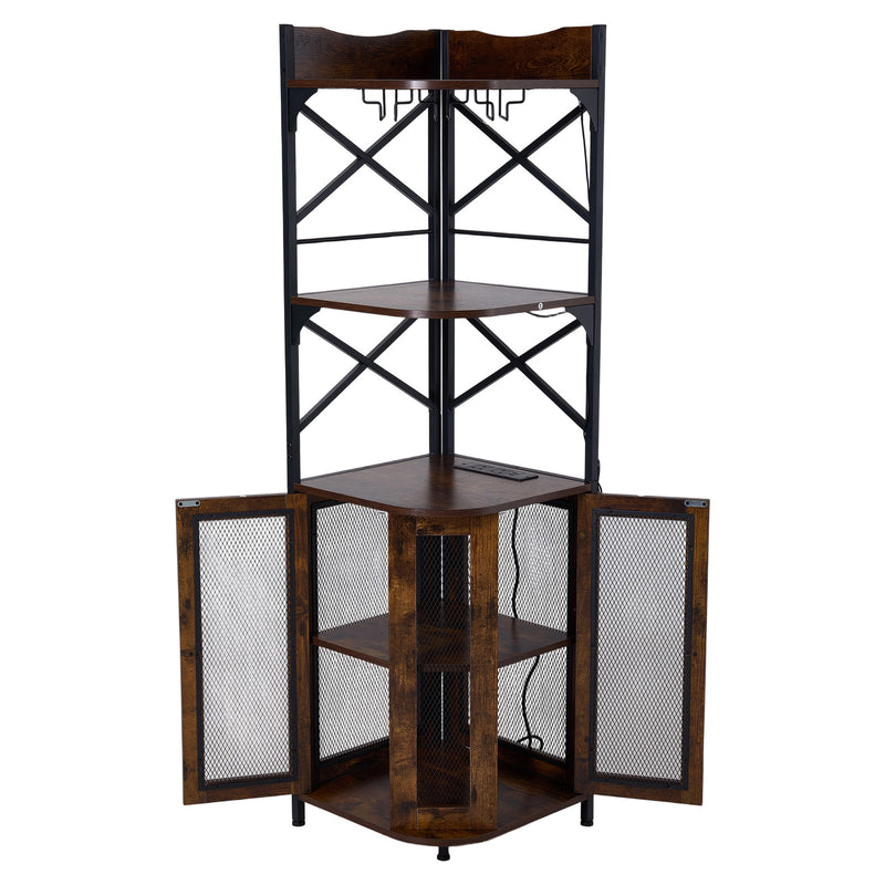 Livingandhome 5-Tier Corner Bar Cabinet with Built-in Power Outlet and LED Lights