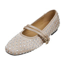 Rhinestones Double Strap Mary Jane Flats Shoes - Beige