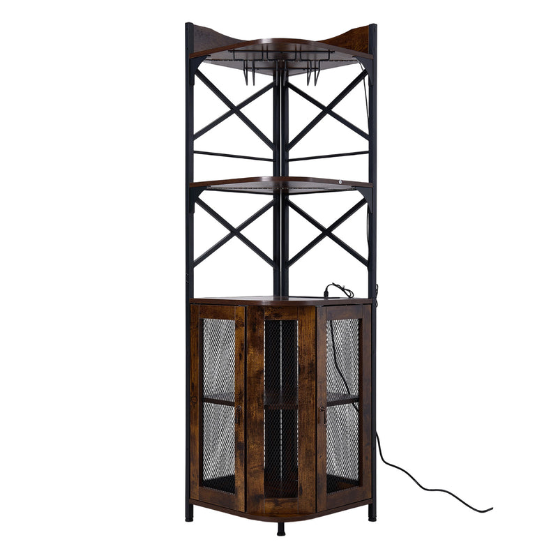 Livingandhome 5-Tier Corner Bar Cabinet with Built-in Power Outlet and LED Lights