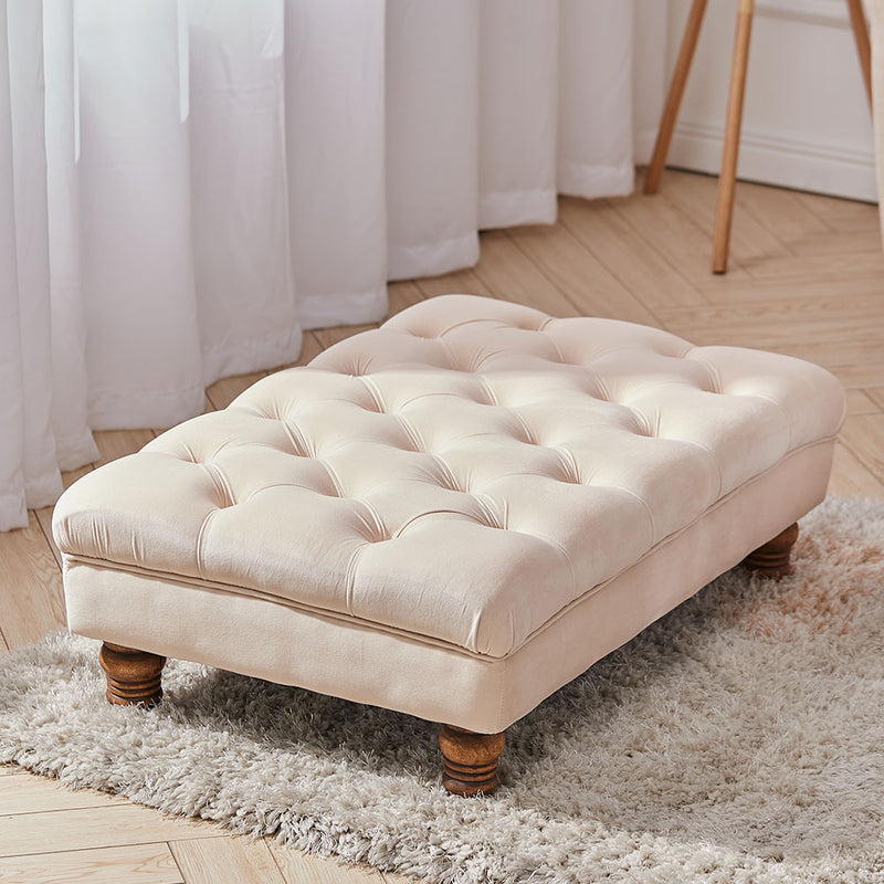 Livingandhome Beige Velvet Ottoman with Gourd Wooden Legs