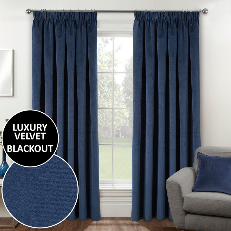 Luxury Enhanced Living Navy Velvet, Supersoft, 100% Blackout, Thermal Curtains with Tape Top - Pair