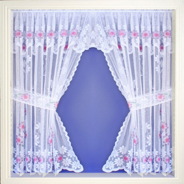 Primrose Lavender Floral Lace Window Set Spray Colour Rod Pocket Window Set With Attached Valance And 2 Matching Tie Backs