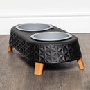77cm x 58cm Black Plastic Raised Pet Basket with Legs and Black Plastic Double Pet Bowl Feeder with Stand Set