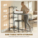 HOMCOM 3Pcs Breakfast Bar Table and Stools Set 4-tier shelving, Washed Grey