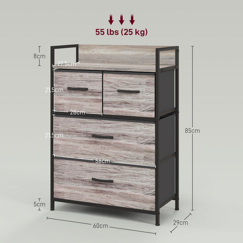 HOMCOM Bedroom Chest of Drawers 4 Drawer Dresser w/ Shelf, Grey Wood Effect