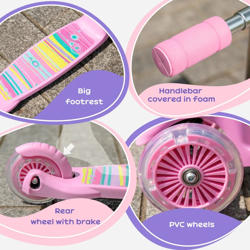 HOMCOM Foldable kids  Scooter with  Flashing Wheels - Pink
