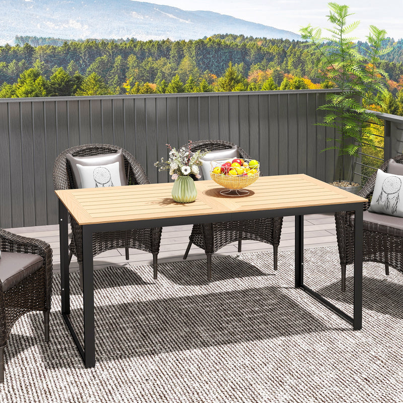 Outsunny Garden Table for 6 People with Slatted Table Top, Metal Frame, Teak