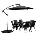 Outdoor 6 Person Rectangular Glass Top Garden Dining Table Chairs With Black Banana Parasol and Base