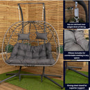 Samuel Alexander 2 Seater Hanging Garden Rattan Egg Chair With Steel Frame And Waterproof Cover In Grey