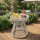 Outsunny Rattan End Table, Round Hollow Drum Design Side Table, Light Grey