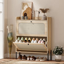 HOMCOM Boho Narrow Shoe Cabinet, Shoe Rack with 2 Flip Drawers, Oak