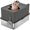 PawHut Stainless Steel Cat Litter Box, Enclosed Metal Litter Tray, Dark Grey