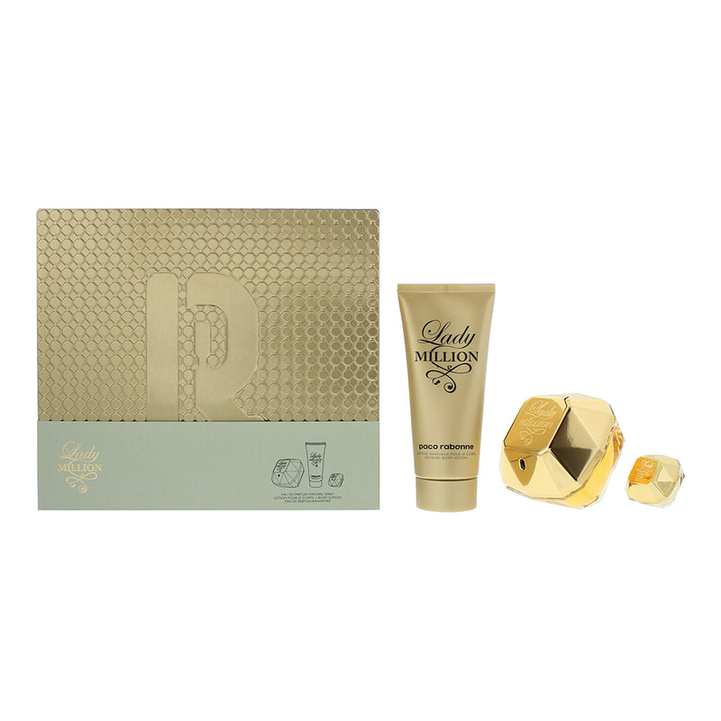 Paco Rabanne Lady Million 3 Piece Gift Set: Eau De Parfum 80ml - Body Lotion 100ml - Eau De Parfum 5ml