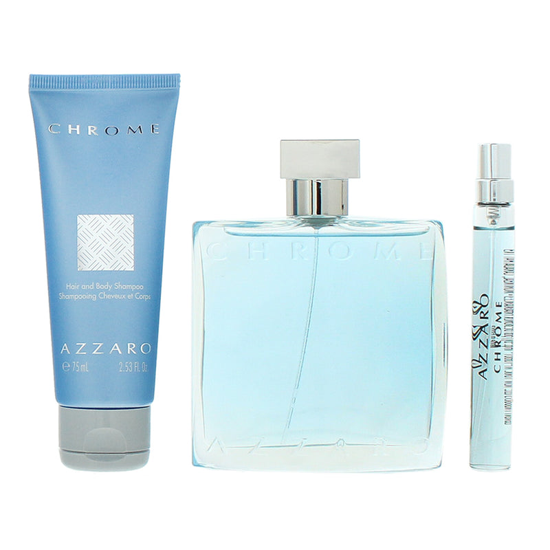 Azzaro Chrome 3 Piece Gift Set: Eau de Toilette 100ml - Eau de Toilette 10ml - H