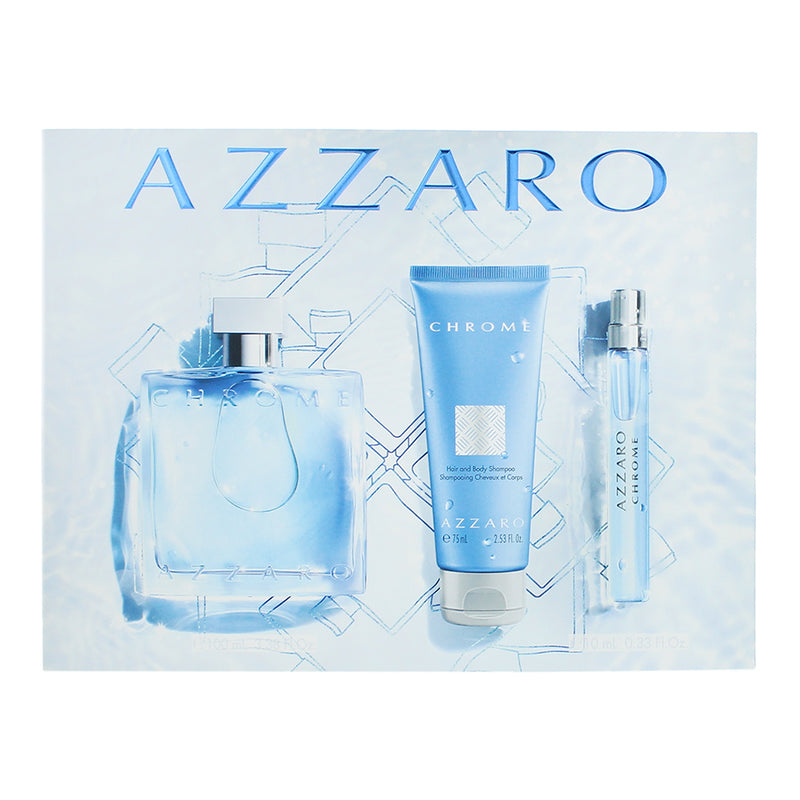 Azzaro Chrome 3 Piece Gift Set: Eau de Toilette 100ml - Eau de Toilette 10ml - H