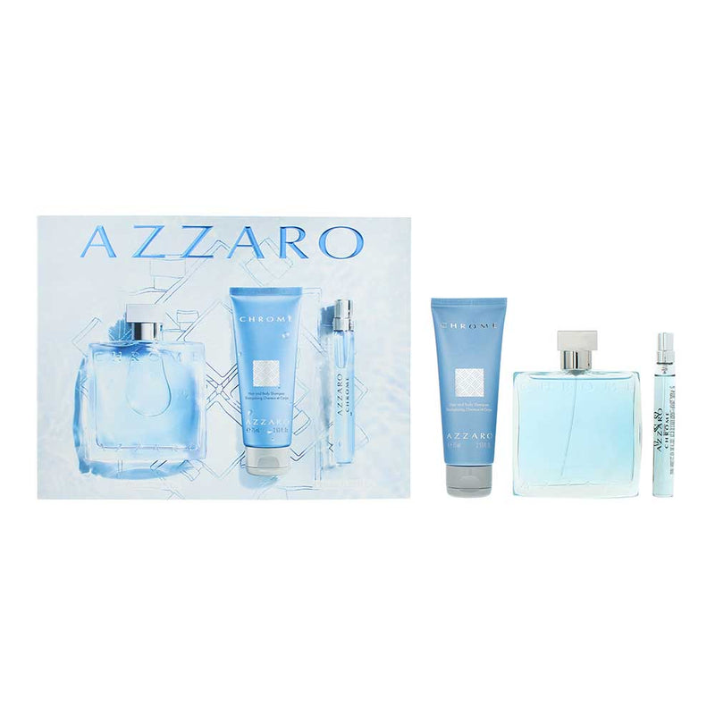 Azzaro Chrome 3 Piece Gift Set: Eau de Toilette 100ml - Eau de Toilette 10ml - H