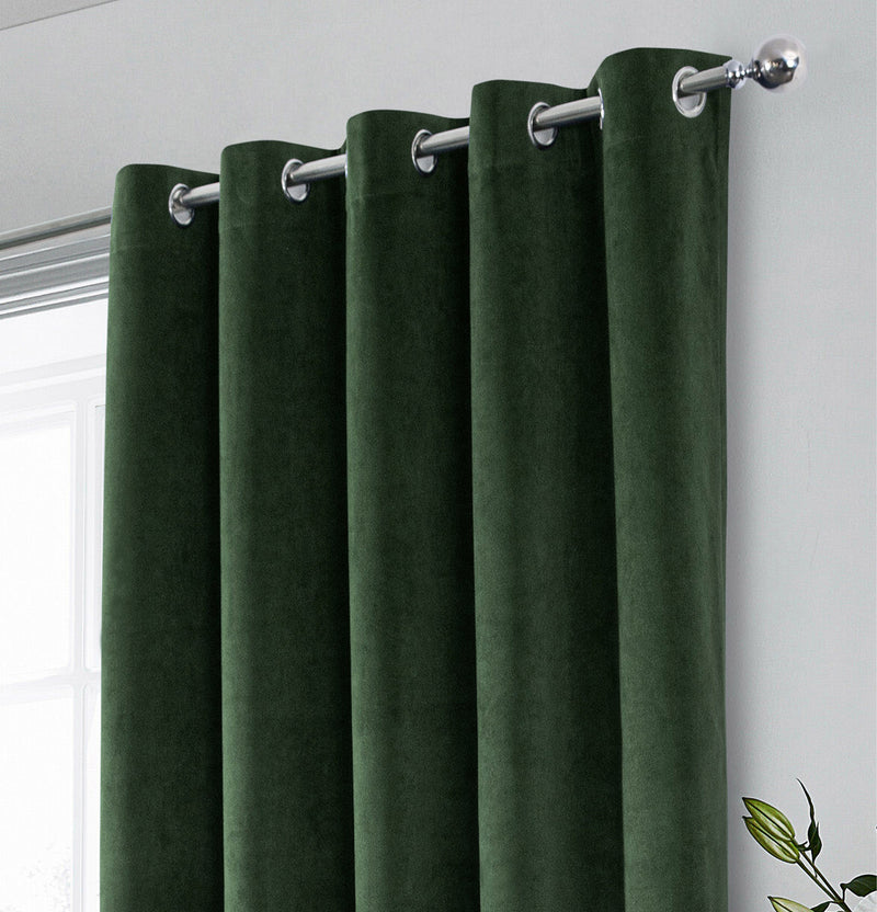 Luxury Enhanced Living Green Velvet, Supersoft, 100% Blackout, Thermal Pair of Curtains with Eyelet Top