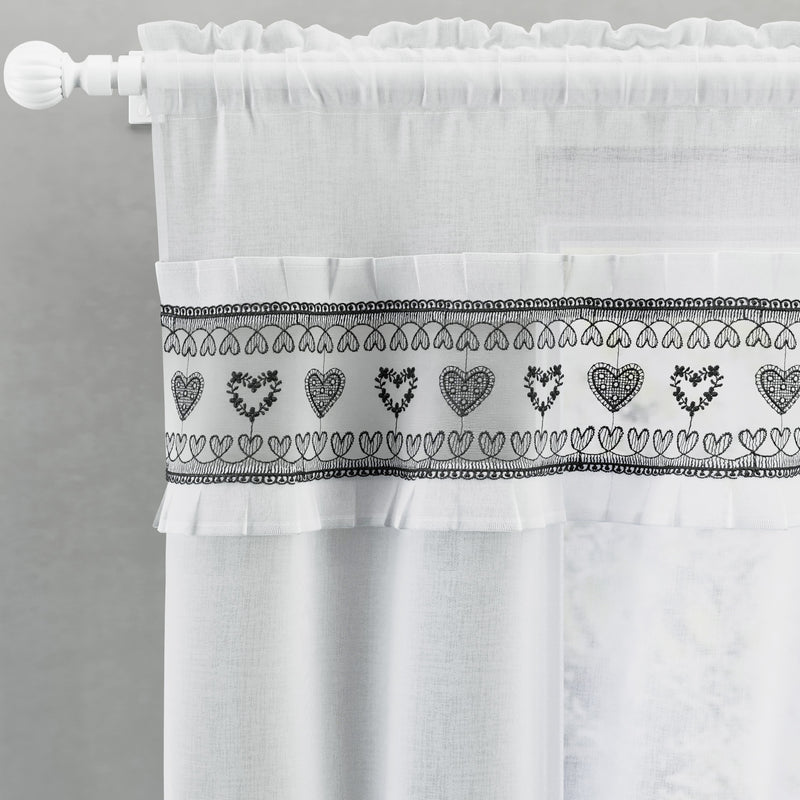 Tyrone Textiles Lucy Black Embroidered Heart Kitchen Window Set Curtain Pair with Frill Edging and Matching Tie Backs