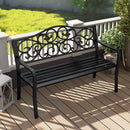 Outdoor Garden Bench with Slatted Seat and Floral Design Backrest