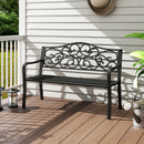 Outdoor Garden Bench with Slatted Seat and Floral Design Backrest