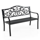 Outdoor Garden Bench with Slatted Seat and Floral Design Backrest