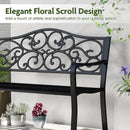 Outdoor Garden Bench with Slatted Seat and Floral Design Backrest