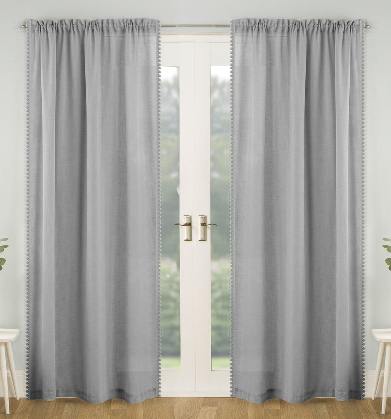 Pair of Tahiti  White Pom-Pom Trim Linen Look Voile Panels with Rod Pocket Header