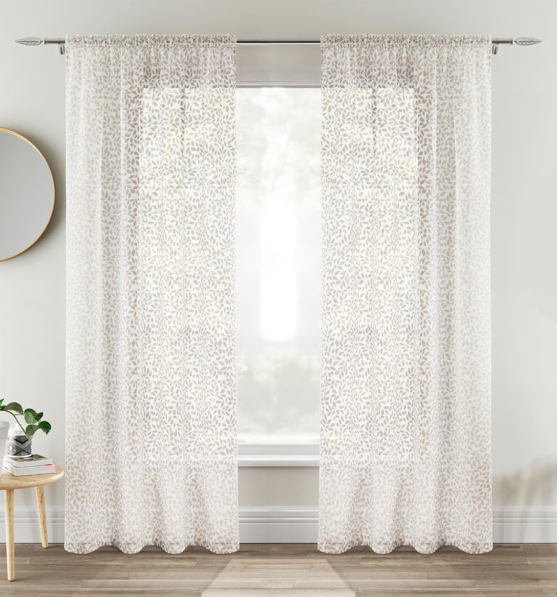 Pair of Willow Natural Leaf Print on Linen Look Panels, with Rod Pocket Header