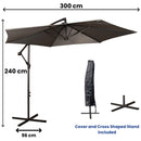 3m Cantilever Parasol in Grey with Crank Handle for Patio Garden Banana Parasol with UV Protection Outdoor Umbrella Sun Shades for Garden