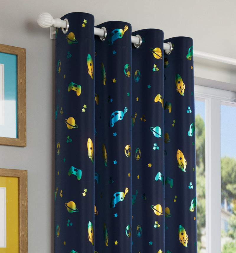 Enhanced Living Infinity Room Darkening Thermal Blue Metallic Print Kid's Eyelet Curtains - Pair